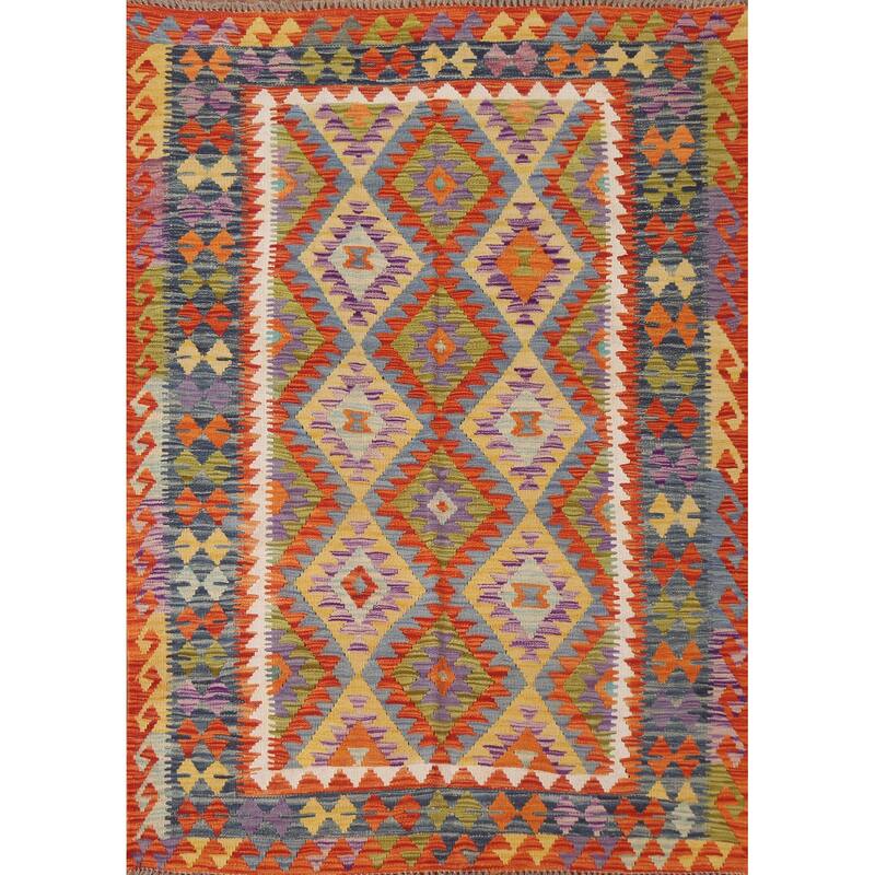 Hand Woven Oriental 100% Wool Carpet Southwestern Geometric Oranges & Rust Kilim Area Rug - 6' 6'' X 5' 0''