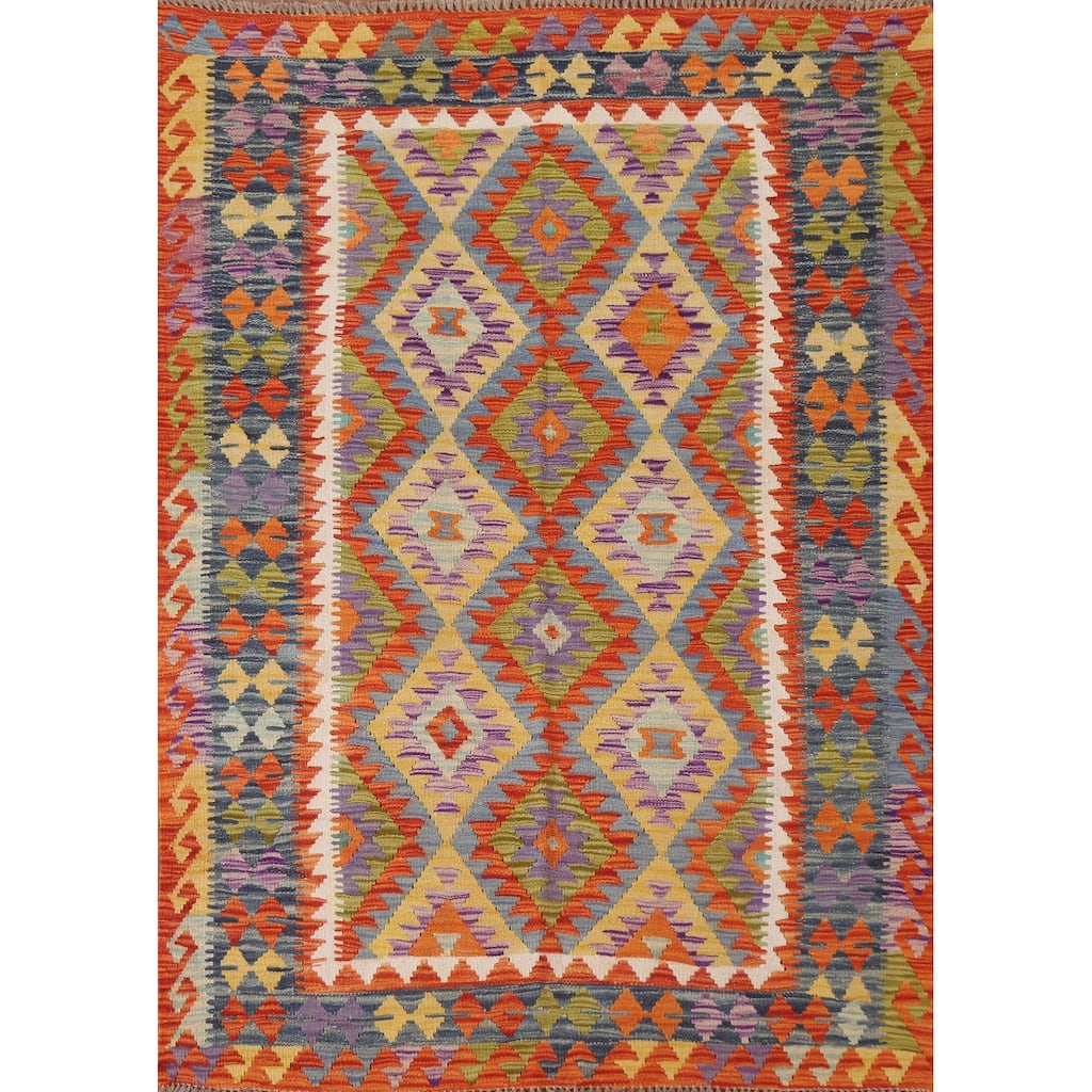 Hand Woven Oriental 100% Wool Carpet Southwestern Geometric Oranges & Rust Kilim Area Rug - 6' 6'' X 5' 0''