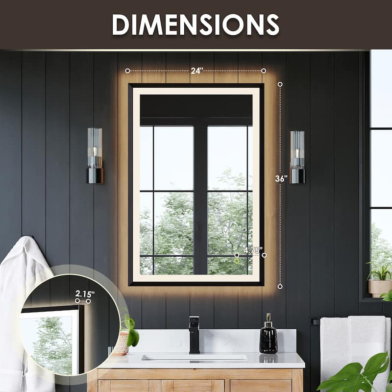 Apollo Rectangular Anti-Fog Dimmable Modern Bathroom/Vanity LED Lighted Wall Mirror in Matte Black Aluminum Framed