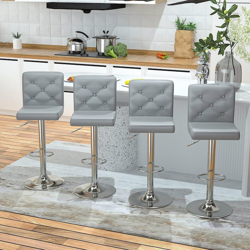Javlergo 4 Pack 360° Swivel Bar Stools Adjustable PU Leather Stools with Diamond Tufted Back Curved Footrest - Grey