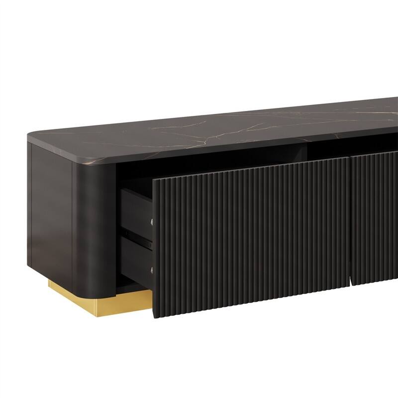Luxury Fluted TV Stand for TVs Up to 85", Faux Marble Tabletop TV Cabinet Media Console w/ 4 Drawers & Gold Base for Living Room