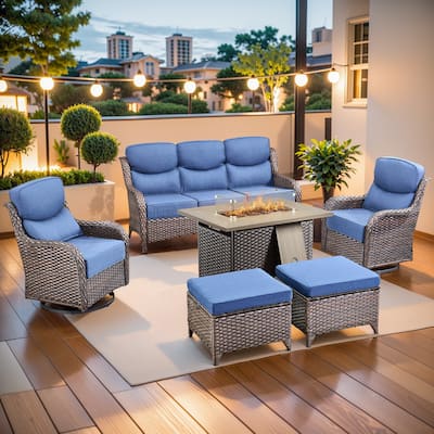 Pocassy 6 Pieces Outdoor 6 Inch Sofa Swivel Chair Ottoman with Fire Table