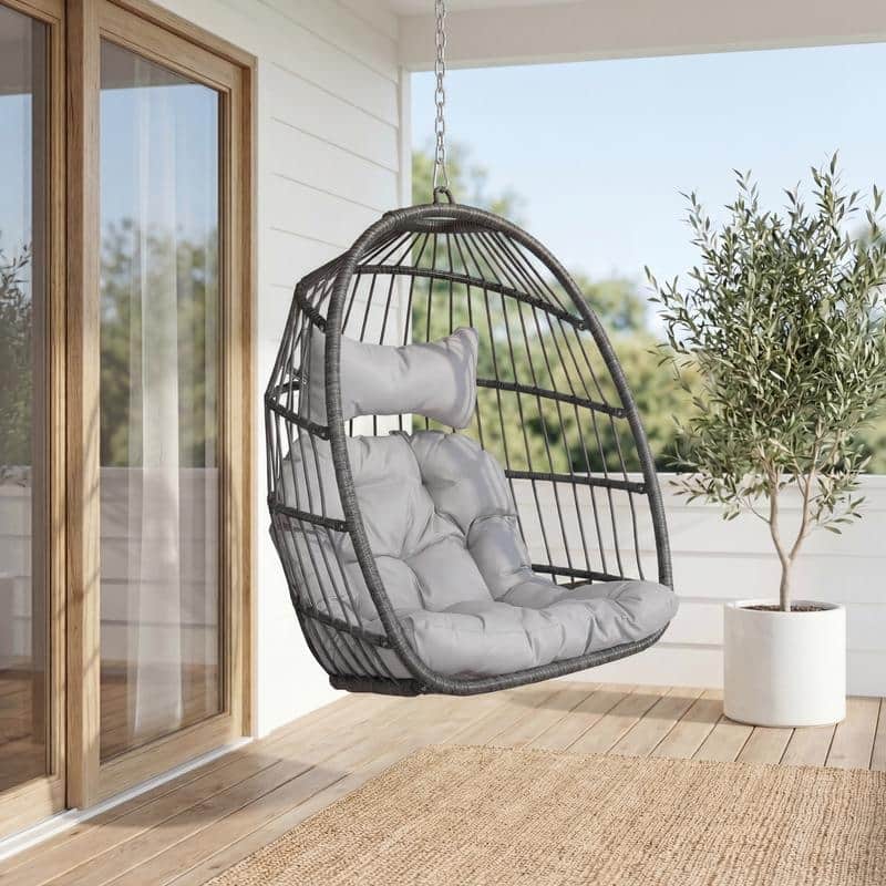 Indoor Hanging Egg Chair Without Stand, 350 lbs Capacity, Wicker Egg Swing Chair with Cushion for Living Room and Bedroom - Light Grey