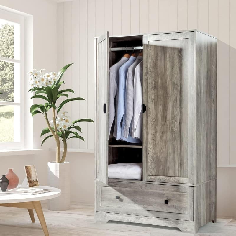 Grey Armoire Wardrobe Closet with Hanging Rod - Grey