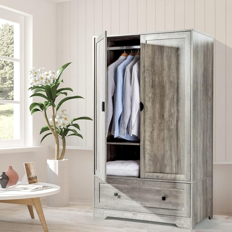Grey Armoire Wardrobe Closet with Hanging Rod