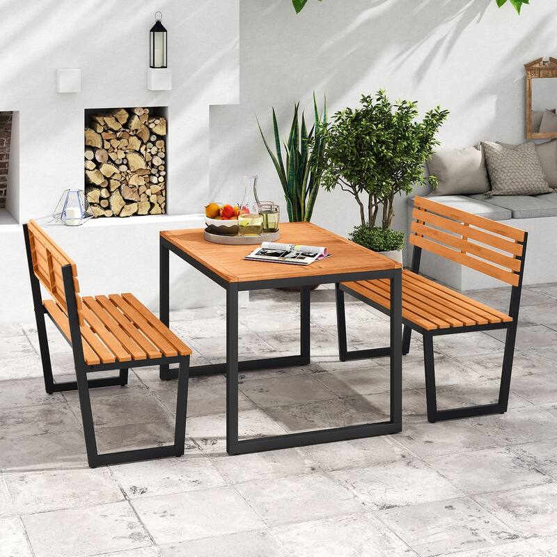 Gymax Outdoor Bench Acacia Wood Patio Loveseat w/ Backrest & Heavy