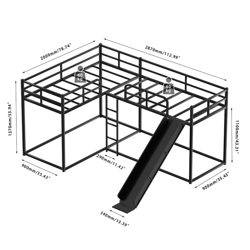 Twin size L-Shaped Metal Bunk Bed with Slide, Short Ladder and Space-Saving Design