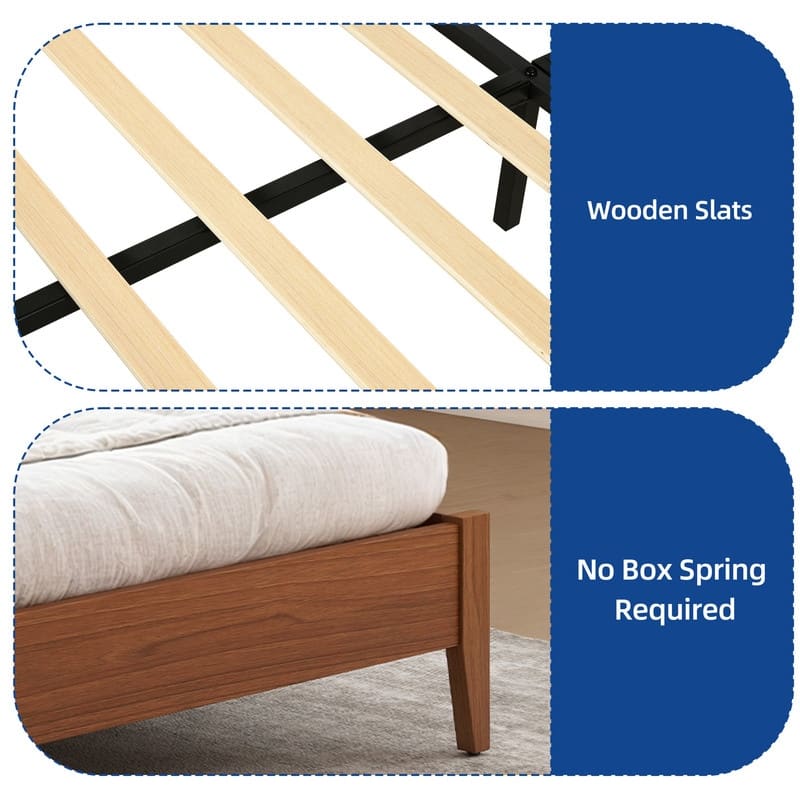 Moasis Farmhouse Rustic Brown Wood Bed Frame with Adjustable Headboard&Slats Support