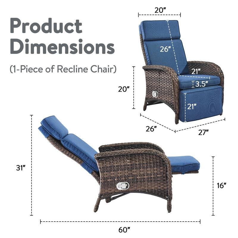 Outdoor Wicker Reclining Lounge Chair Patio Rattan - Brown