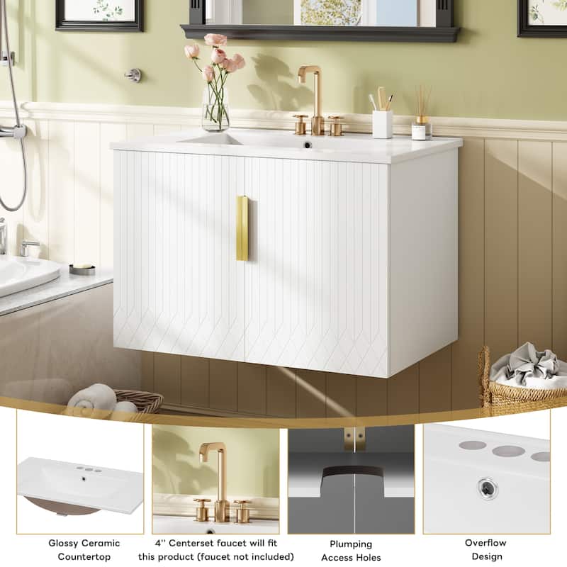 30" Wall-Mounted Style Bathroom Vanity with 3 Holes Single Ceramic Sink,2 Soft Closing Doors, Spacious and Adjustable Storage