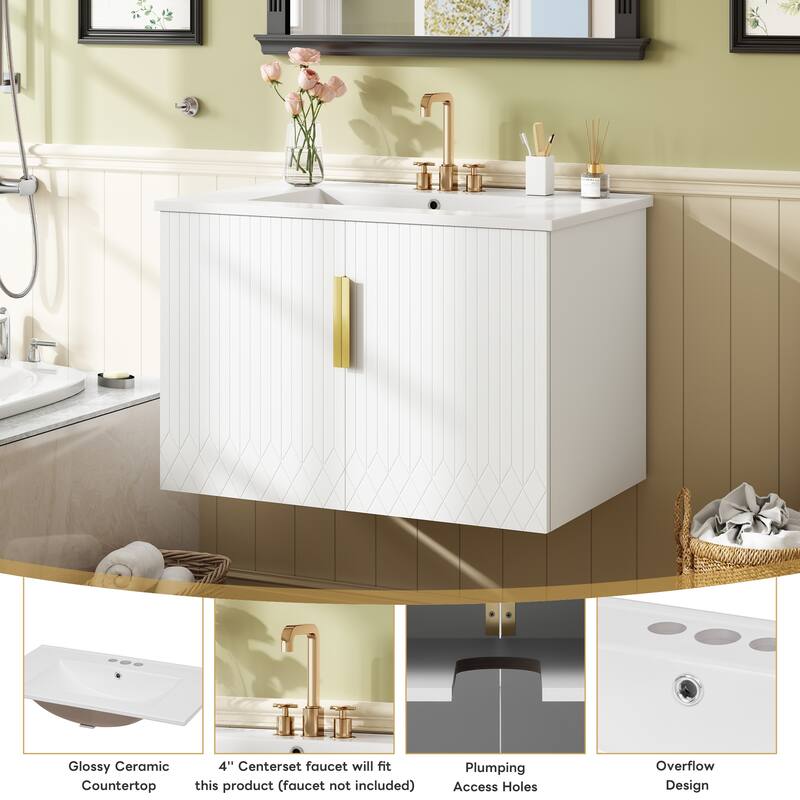 Wall-Mounted Bathroom Vanity with Ceramic Sink, Floating Bathroom Storage Cabinet, 30 Inch