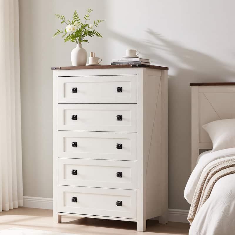 48" Tall Farmhouse 5 Drawer Wood Dresser, Chest of Drawers for Bedroom - Antique White