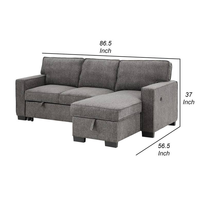 Joanne 87 Inch Reversible Sleeper Sectional Sofa, Storage Chaise, Gray