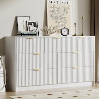 7 Drawer Dresser Fluted Wood Clothes Storage Cabinet, Modern Wide Dresser for Bedroom