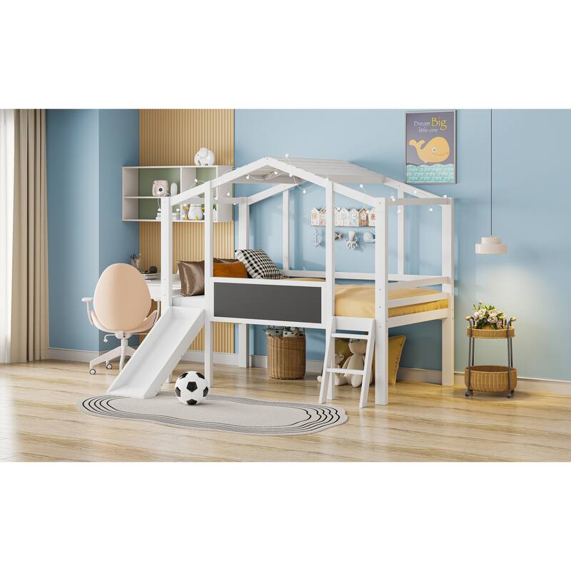 Twin Loft Bed with Slide, Ladder, Blackboard, and Light Strip, White and Gray