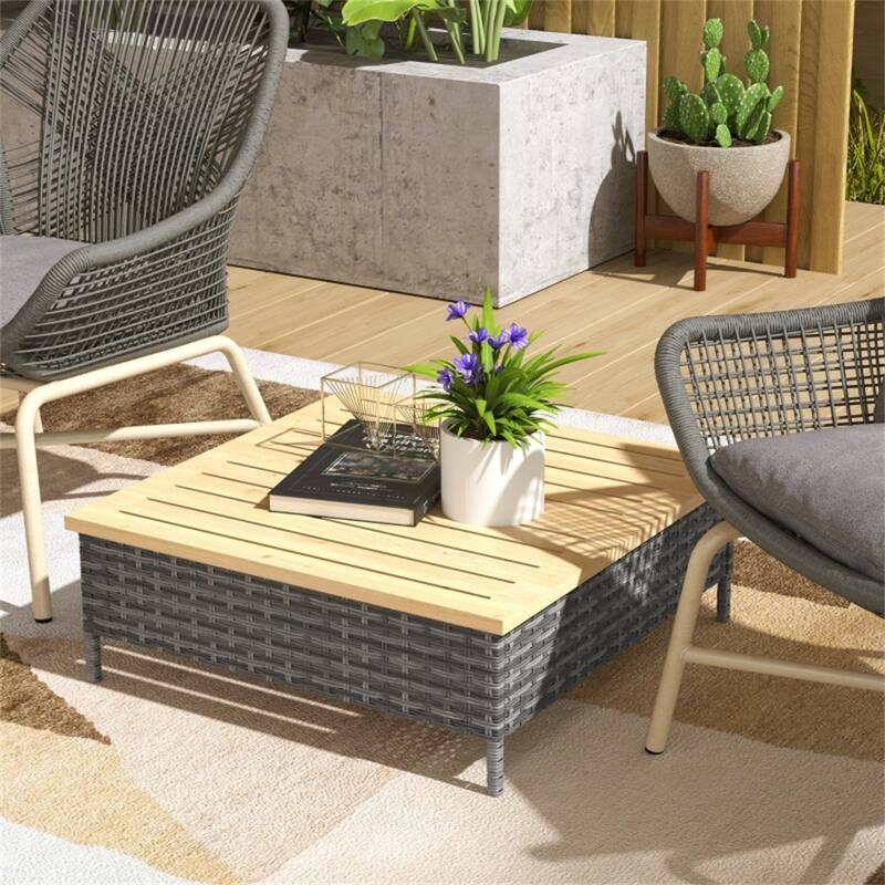 Grey Nature Wood Fir and Steel Rustic Patio End Table with PE Rattan - 27.6" L x 27.6" W x 9.8" H
