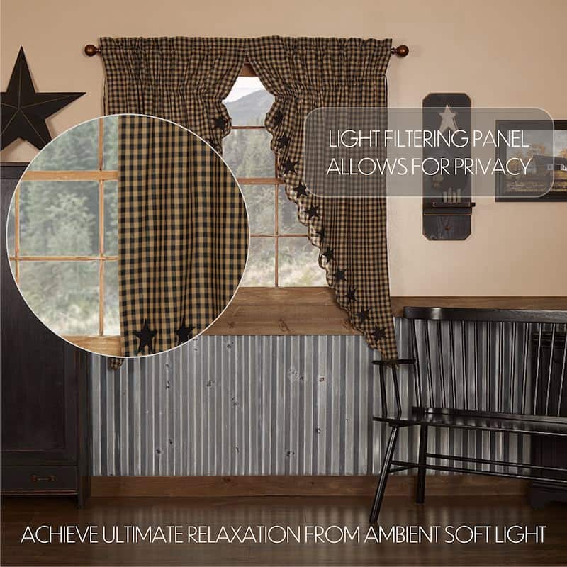 Primitive Curtains VHC Star Short Prairie Panel 63x36x18 Pair Rod Pocket Cotton Appliqued - Prairie Panel 63x36