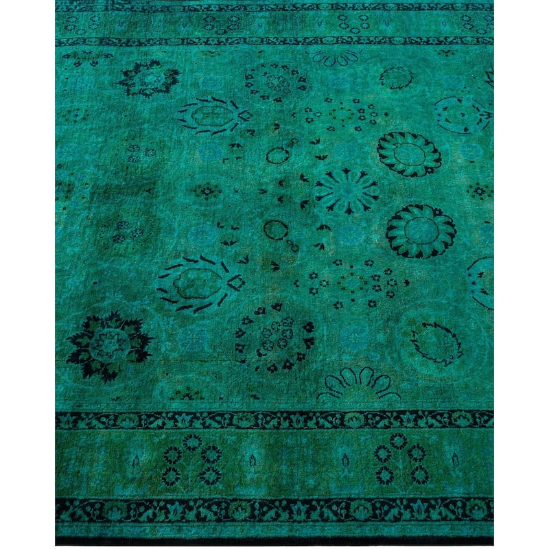 Overton Hand Knotted Wool Vintage Inspired Modern Contemporary Overdyed Green Area Rug - 4' 0" x 15' 0"