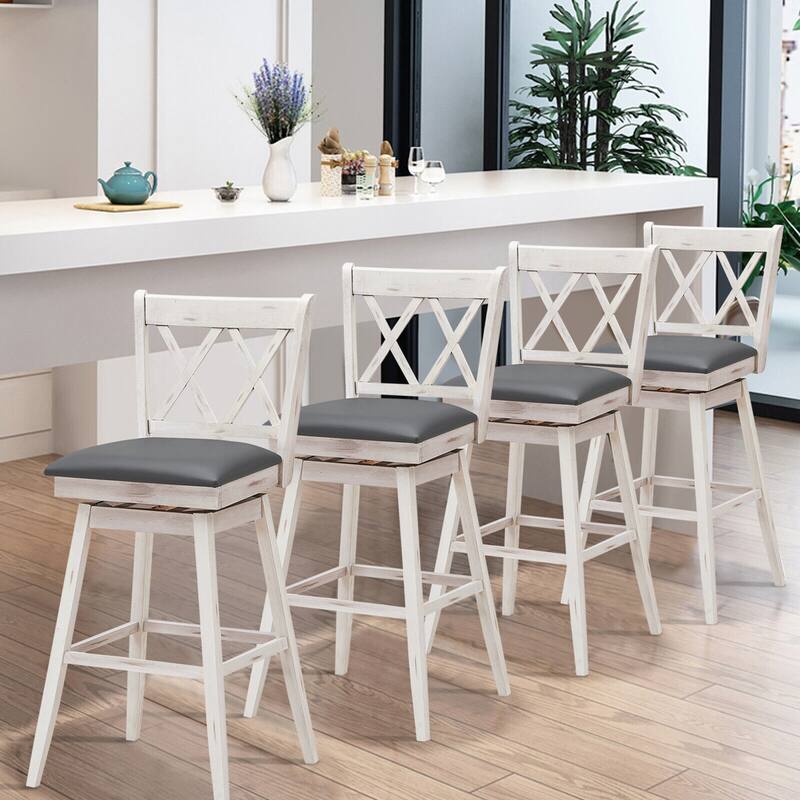 Gymax Set of 4 Barstools Swivel Bar Height Chairs with Rubber Wood