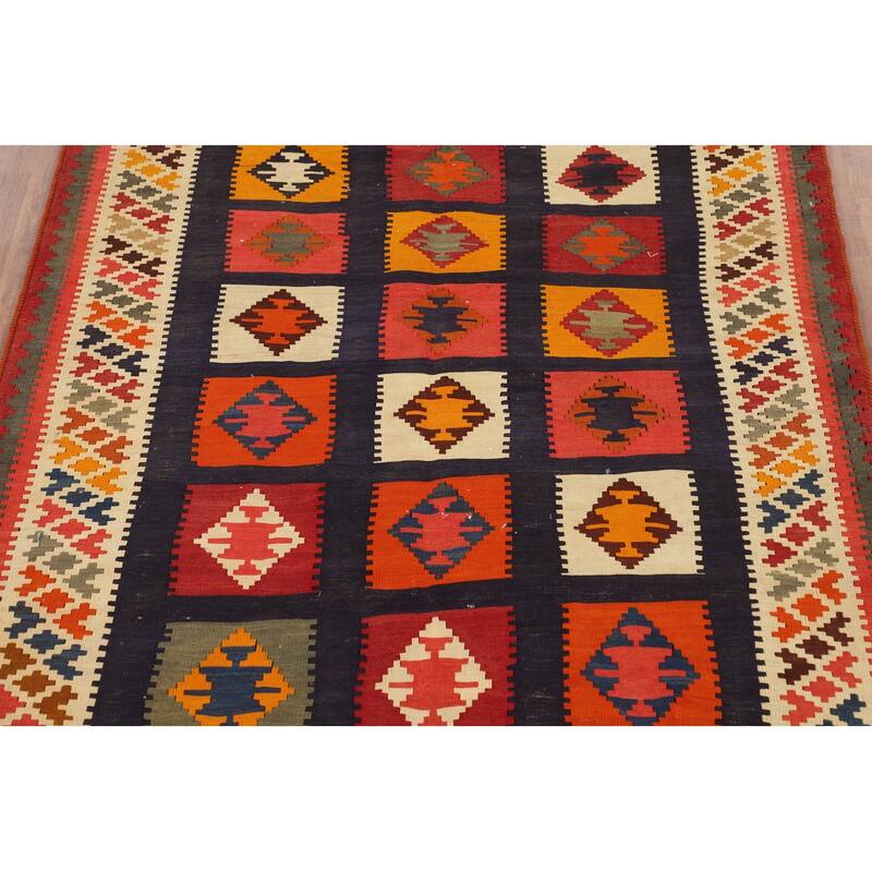 Blue Kilim Qashqai Persian Vintage Area Rug Hand-Woven Wool Carpet - 4'7"x 8'8"