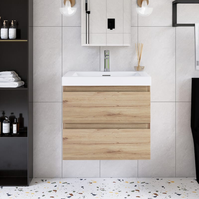 Angela Wall Mounted Bathroom Vanity in F. Oak with White Cultured Marble Top