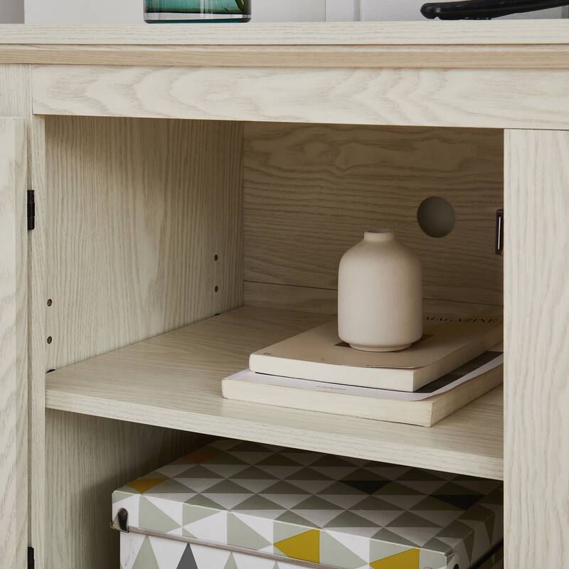 TV Stand for TVs up to 70" with Natural Rattan Doors, 2 Storage Cabinets, 3 Adjustable Shelves, Multifunctional Console Table