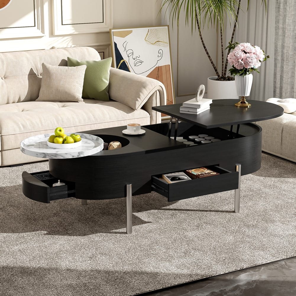 47.2" Lift Top Coffee Table with 360-degree Marble-Patterned Rotating Tray,Hidden Compartment