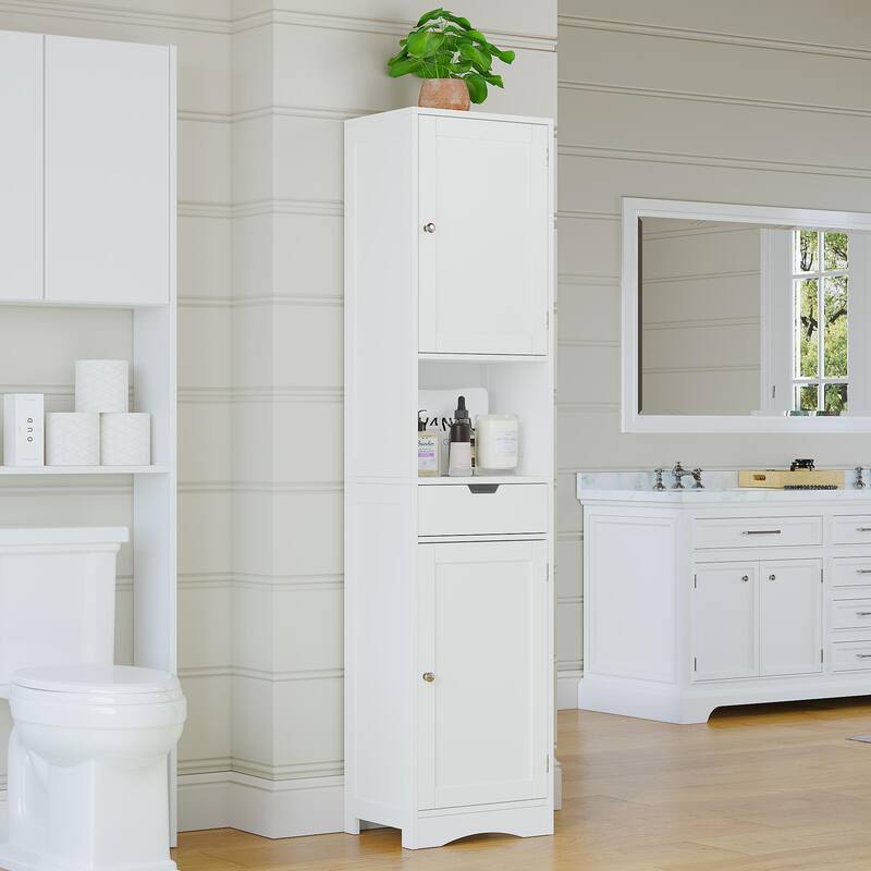 67-Inch Tall Narrow Bathroom Storage Cabinet with 2 Doors, 1 Drawer & Adjustable Shelves