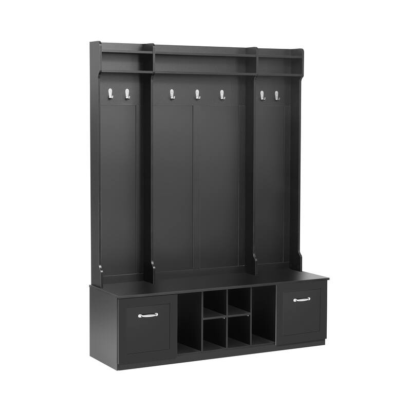 Entryway Bench with Coat Rack, 7 Hooks, 2 Drawers, Adjustable Shelves & Metal Handles for Hallway, Entryway & Living Room