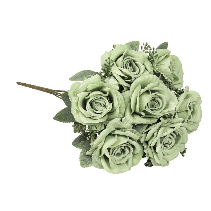 Set of 2 Deluxe Sage Green Artificial Elegant Rose Flower Stem Bush Bouquet 17in - 17" L x 10" W x 10" DP