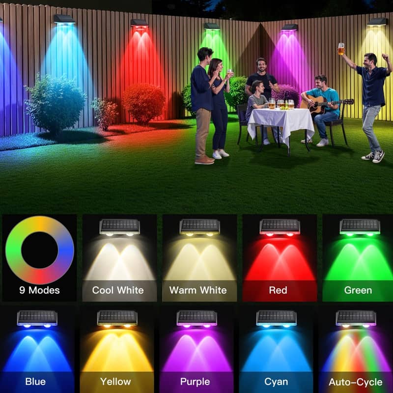 12-Pack Solar Fence Lights – 9 Colors, IP65 Waterproof, Black