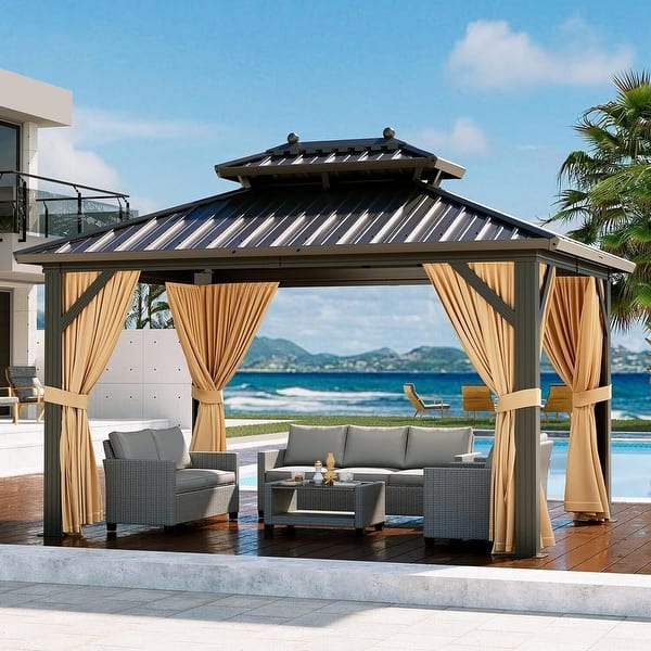 10x13 FT Hardtop Gazebo with Double Galvanized Iron Roof Bed Bath