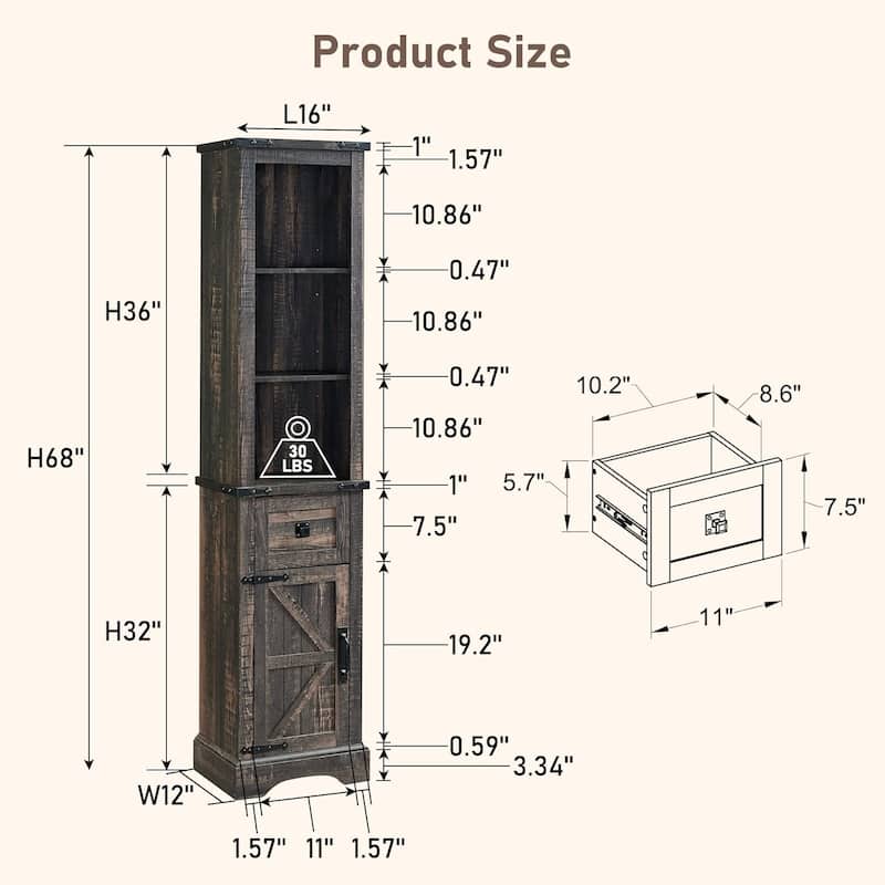 Farmhouse Slim Bathroom Storage Cabinet, 68" Tall Storage Cabinet