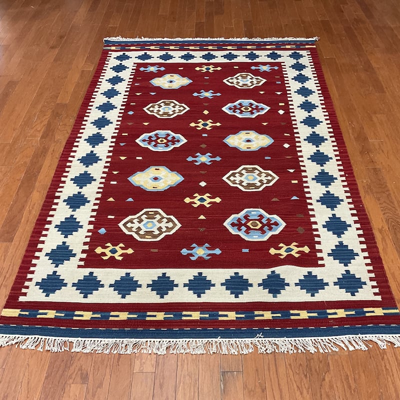 HERAT ORIENTAL Handmade Flat-weave Wool Kilim Collection - Red/Ivory - 5' x 8'