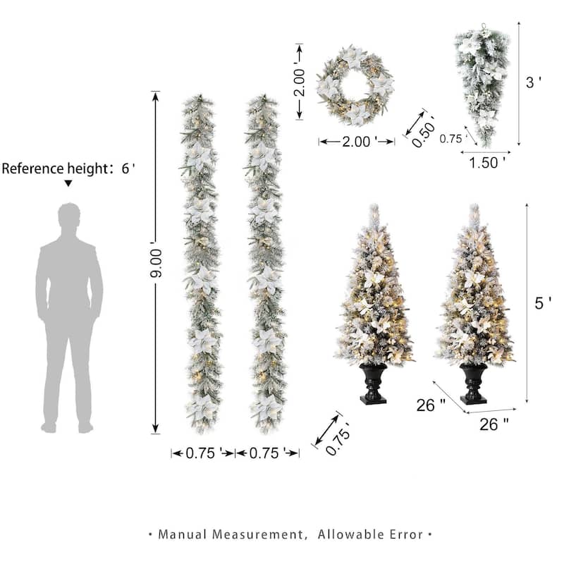 Glitzhome 5FT Pre-Lit Flocked Pine Artificial Christmas Porch Tree with 150 Warm White Lights and Poinsettia