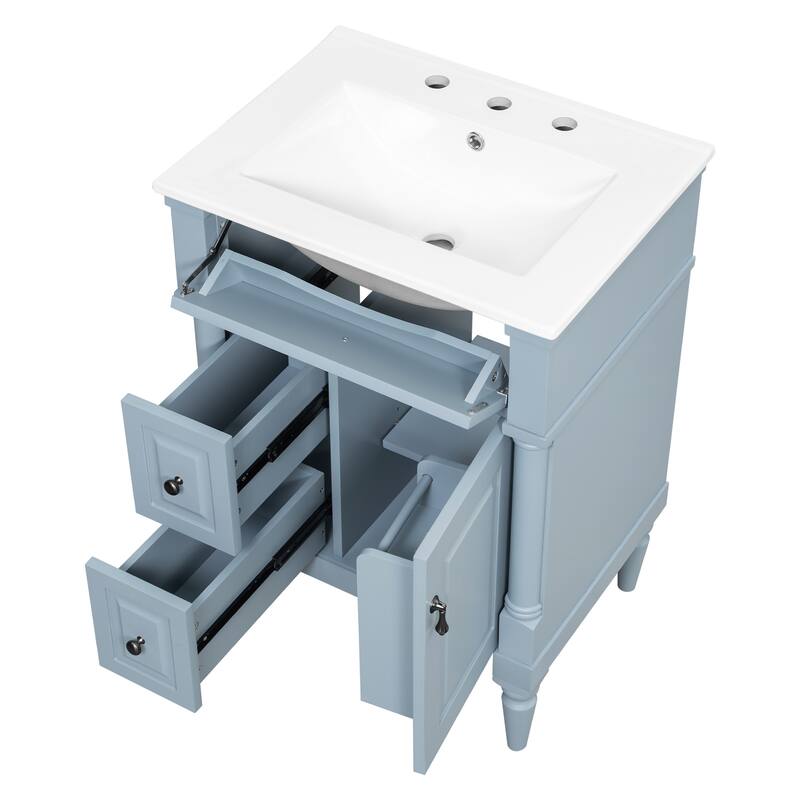Roomfitters 24" Bathroom Vanity with Sink, Solid Wood Frame, Flip Drawer, 2 Drawers & Door Rack
