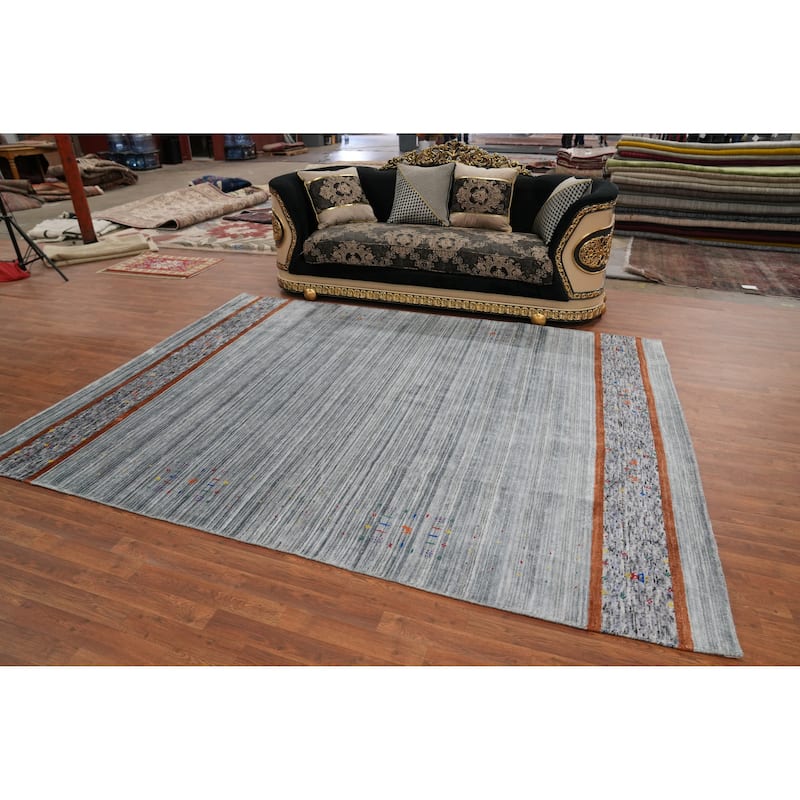 Hand Knotted Oriental Viscose Silk Carpet Tribal Tribal Greys & Charcoal Gabbeh Area Rug - 10' 0'' X 7' 8''