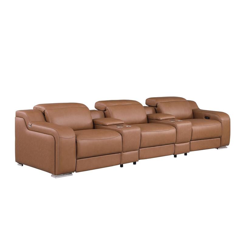 HomeRoots 129" Chestnut Italian Leather Reclining USB Sofa
