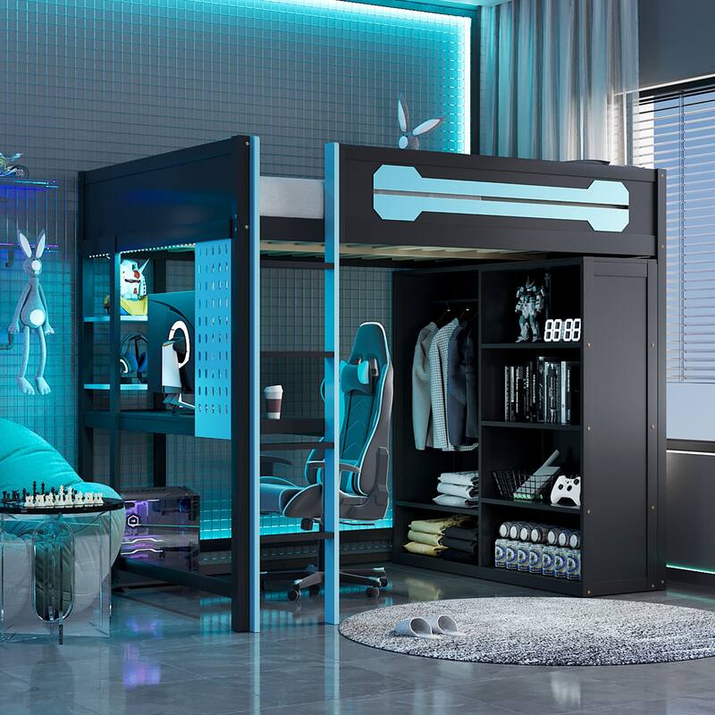Full Size Wood Loft Bed with Desk, Open Wardrobe and RGB Light - Blue