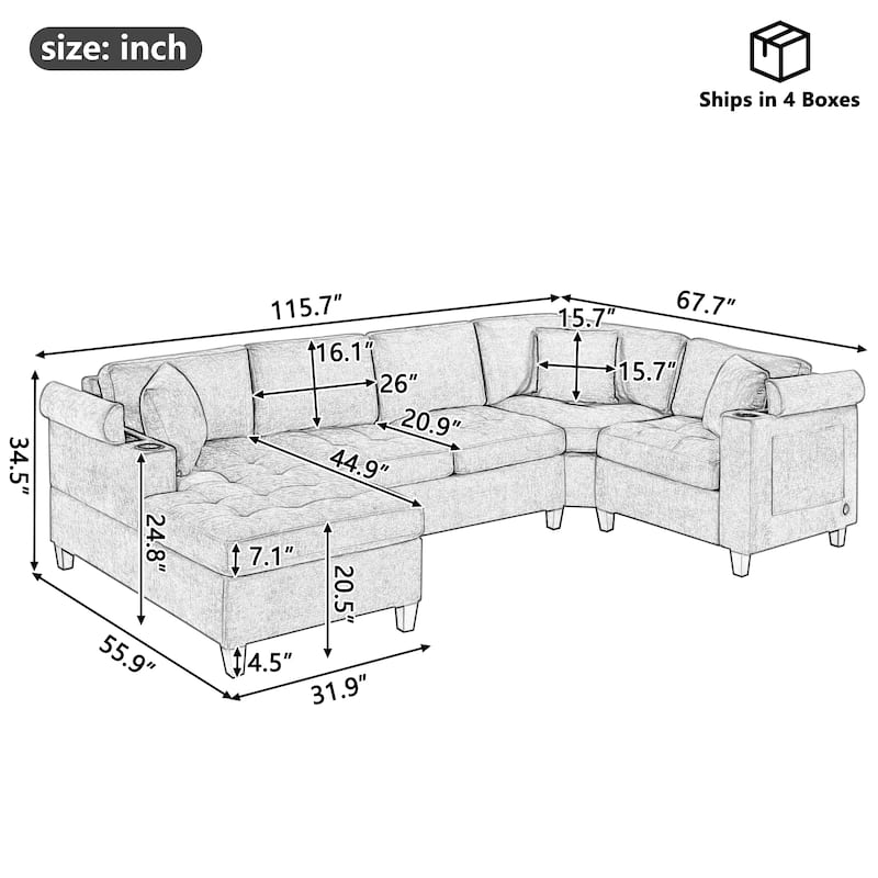 Roomfitters 115.7-Inch Modern U-Shaped Oversized Sectional Sofa, Corner Living Room Couch with Built-In Cup Holders
