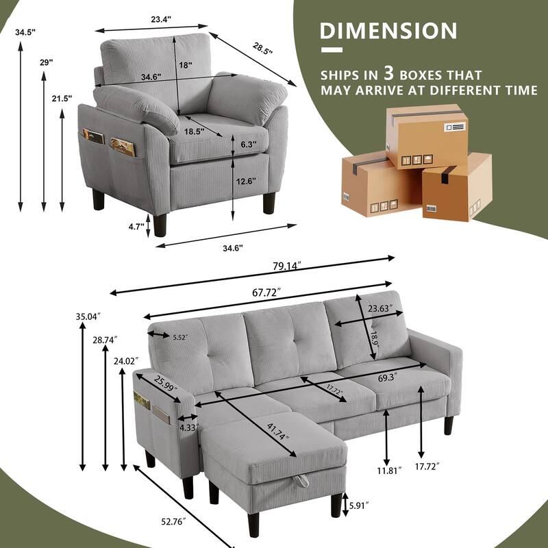 3 Pieces Corduroy Living Room Set with Sofa ,Storage Ottoman and Chair