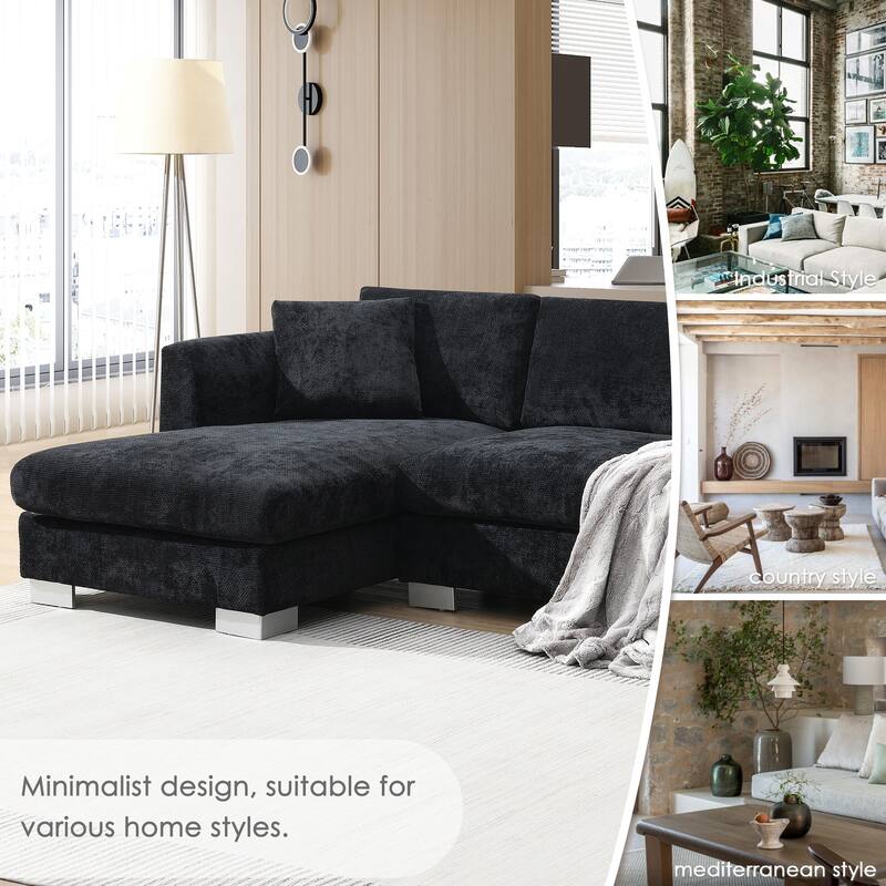 L-Shaped Sectional Sofa with Chaise Lounge, Oversized Chenille Upholstered Sofa, 4 Seater Sofa with 2 Throw Pillows