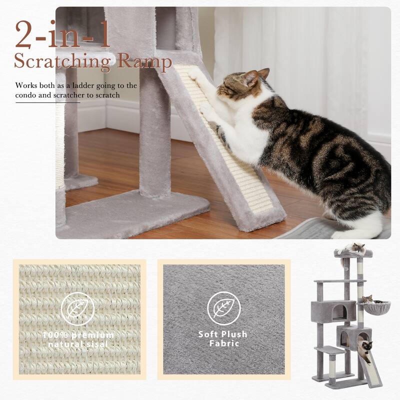 61" Indoor Large Cat Tree Cat Tower with Ladder and Dual Condos