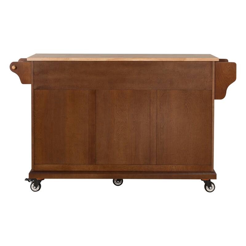 Rubberwood Top Kitchen Island with Adjustable Shelf & 2 Drawers, Kitchen Storage Cart on 5 Wheels with Spice Rack & Towel Bar