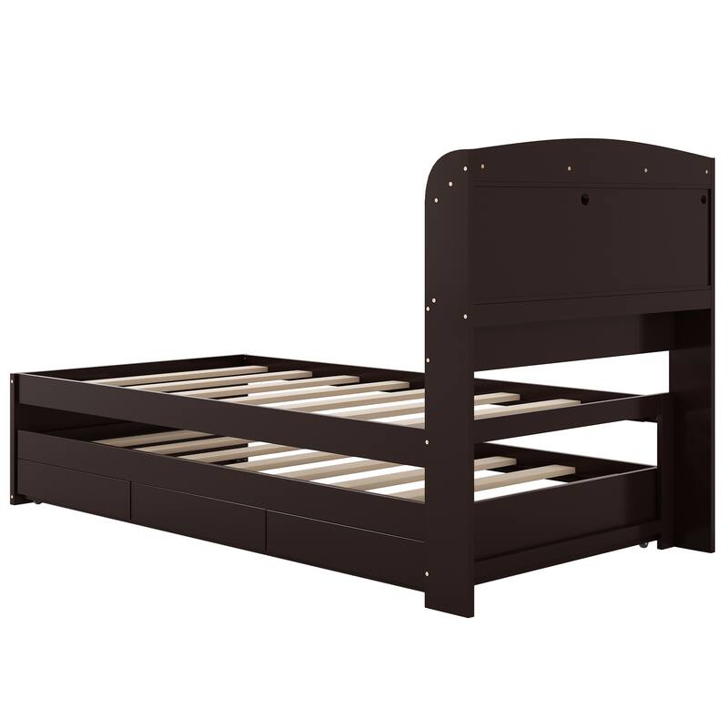 Twin XL Platform Bed with Storage, LED Headboard, Charging Station, Trundle, and Drawers, Dark Brown