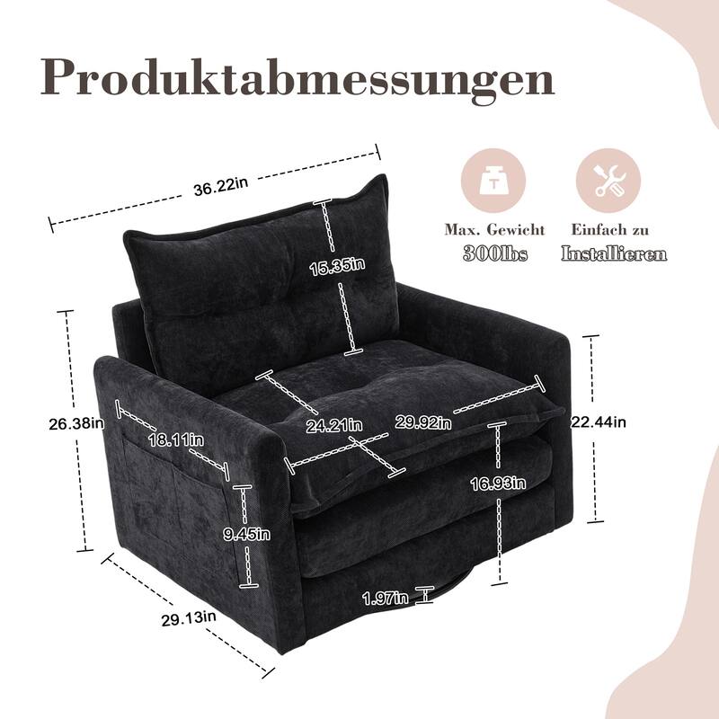 360°Swivel Barrel Chair Single Armchair Chenille Sofa Accent Chair with Thick Padded and Side Storage Pockets
