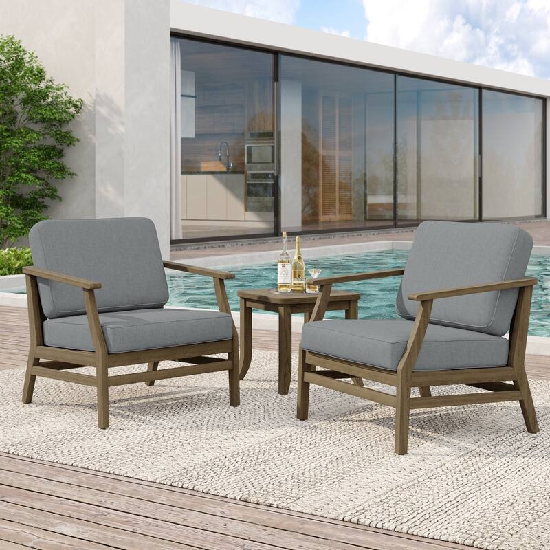 2 Set Patio Teak Wood Outdoor Chair and Side Table Set with Cushions