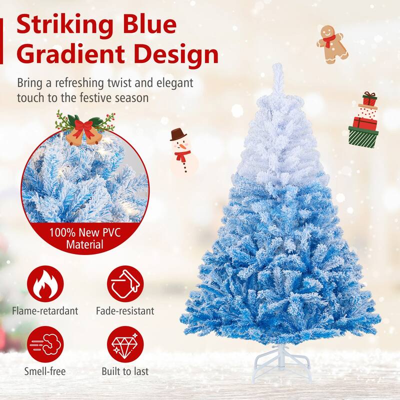 Gymax 5/6/7/8 FT Artificial Christmas Tree Hinged Snow Flocked Xmas - Blue, White