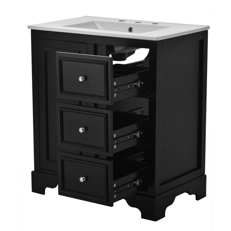 Ceramic Sink Bathroom Vanity & Mirror Cabinet Set of 2, 30" Bathroom Vanity Storage Cabinet with Adjustable Shelves, Black