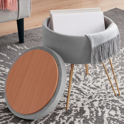 Round Velvet Storage Ottoman with Tray Top Table